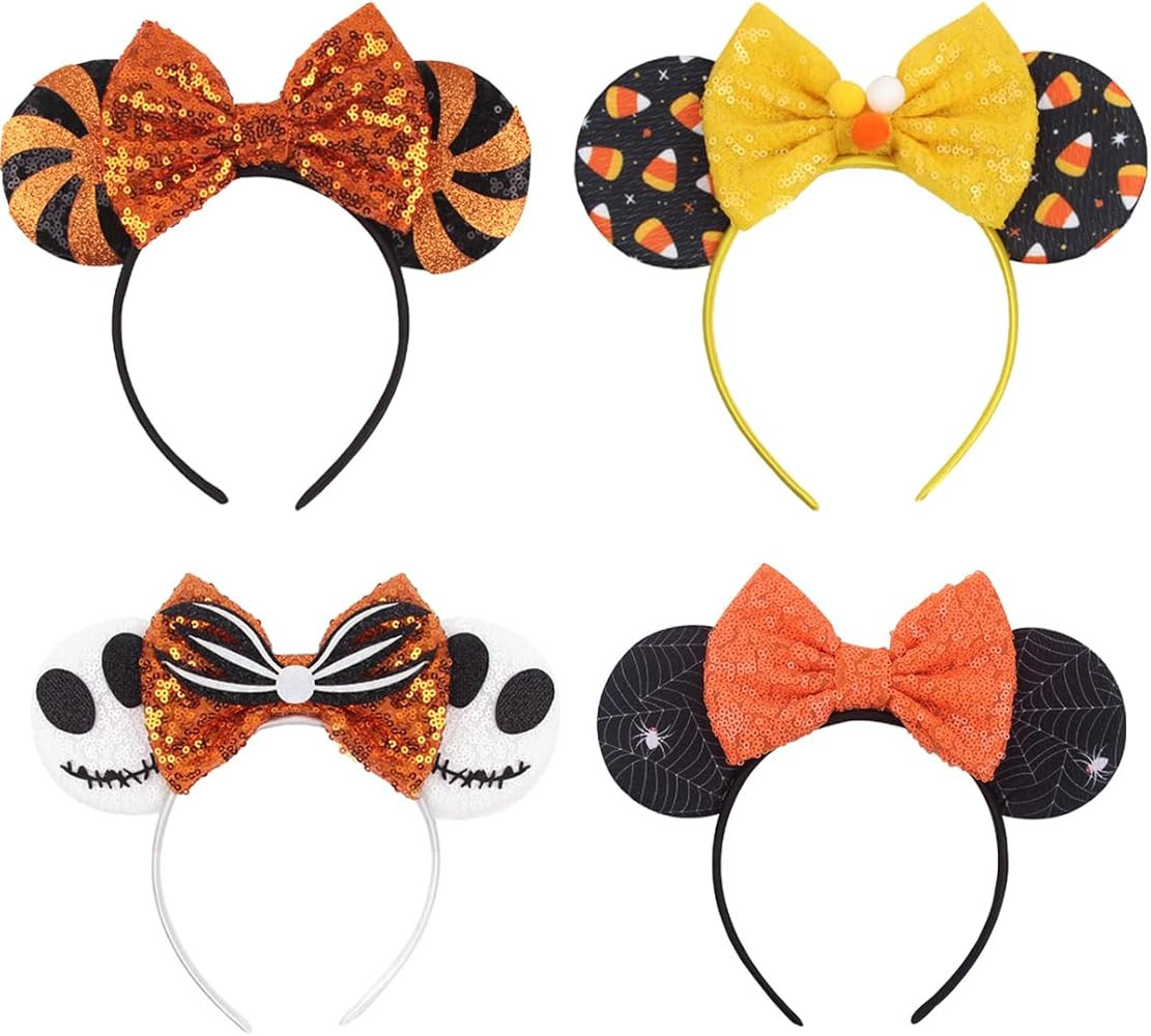 WelyHM 4pcs Halloween Mouse Ears Bow Headband Hair Hoop, Cute Glitter Sequin Pumpkin Spider Ghost... | Amazon (US)