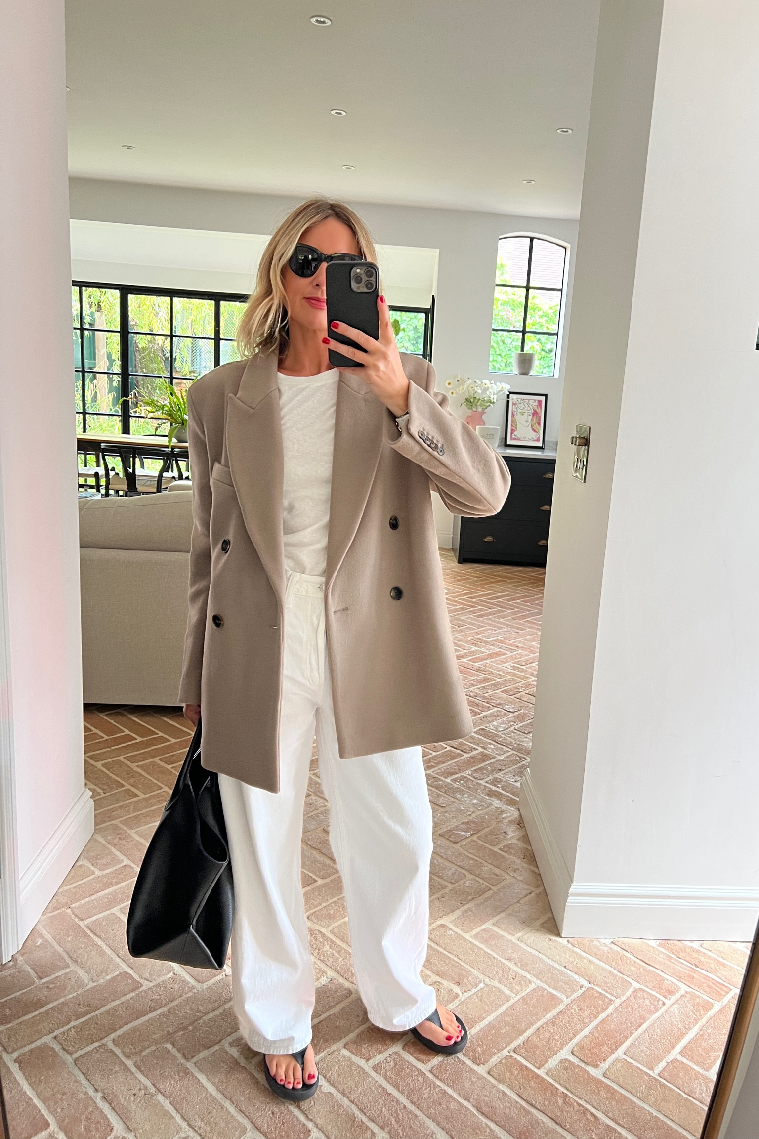 White Jeans + White T-Shirt + Tauper Blazer + Khaite Bag | Agolde Baggy Jeans | H&M blazer | Tote Bag | Tonal Outfit | Work Outfit | Flip Flips 

#LTKstyletip #LTKover40