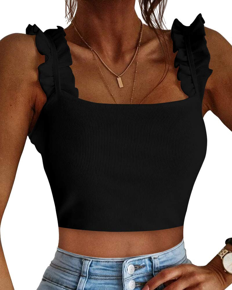 CLOZOZ Cute Crop Tops for Women Tank Tops Ribbed Ruffle Strap Square Neck Womens Trendy Going Out... | Amazon (US)