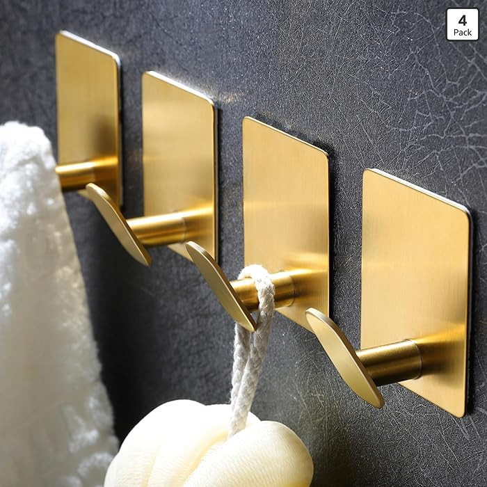 DELITON Gold Towel Hooks- 4 Pack Adhesive Hook for Coat Robe Clothes Stick on Bathroom Wall Brush... | Amazon (US)