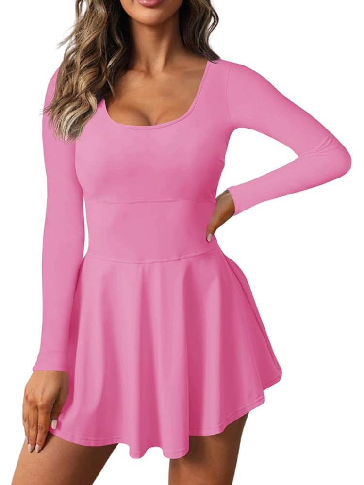 Fisoew Womens 2-in-1 Athletic Tennis Golf Dress Long Sleeve Underneath Workout Active Dresses wit... | Amazon (US)