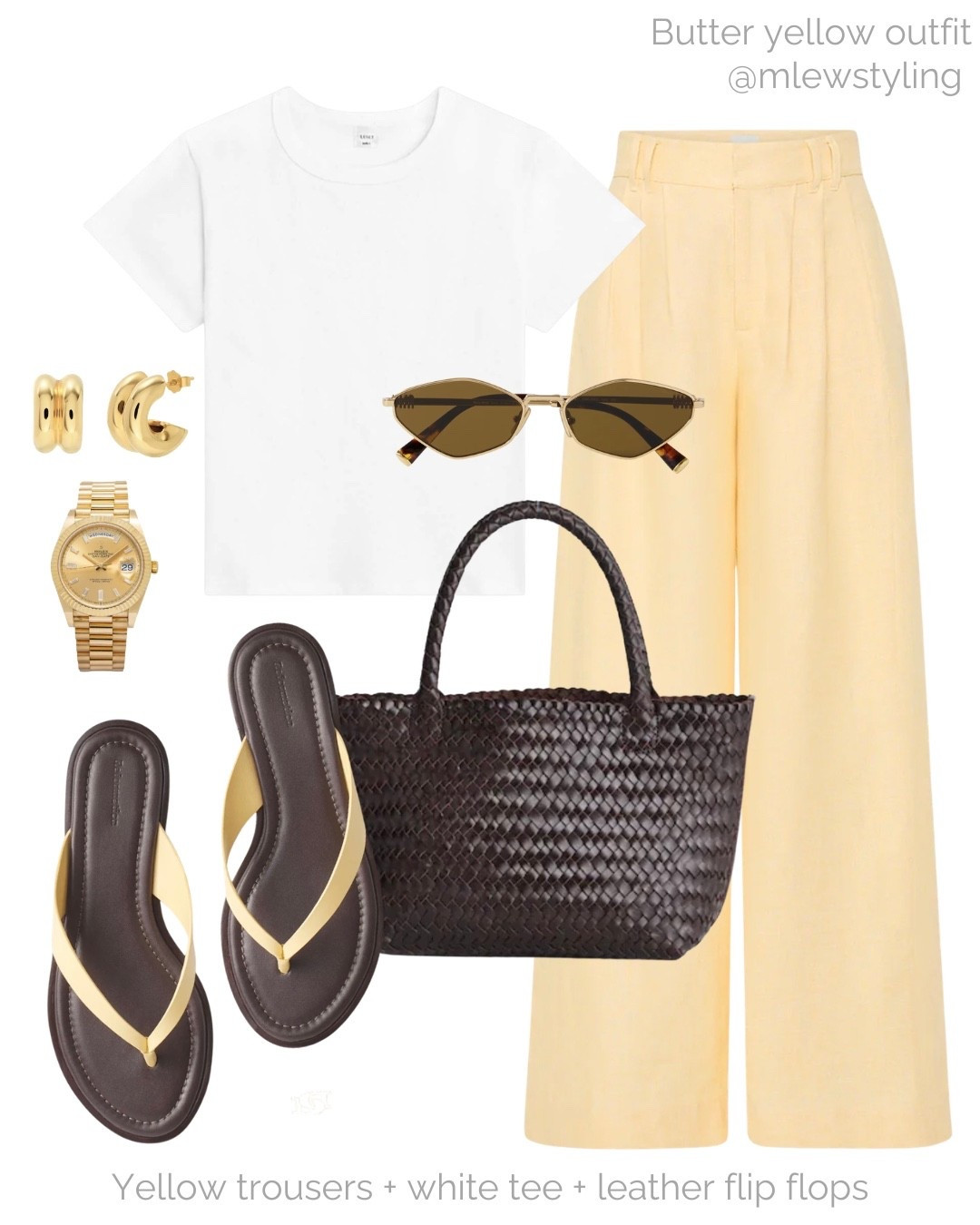 Yellow trousers + white tee + leather flip flops 💛

Tags: spring outfit formula, pleated pants, madewell woven tote, reformation sandals, gold watch, Miu Miu sunglasses, gold hoop earrings, neutral aesthetic, capsule wardrobe, summer outfit, travel look

#LTKsummer #LTKshoes #LTKtravel