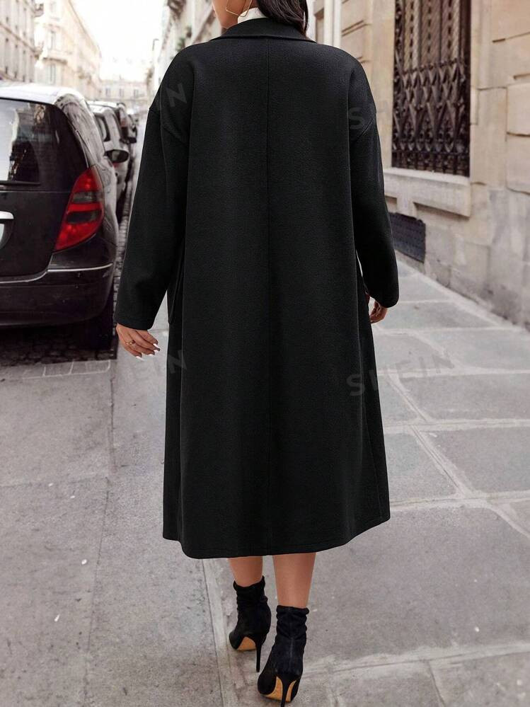 SHEIN Essnce Plus Size Casual Solid Color Lapel Double-Breasted Woolen Coat, Autumn Winter | SHEIN