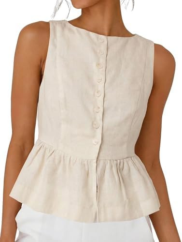 SKIKYAN Women's Linen Tank Tops Sleeveless Peplum Top Button Front Casual Flared Hem Blouse for S... | Amazon (US)