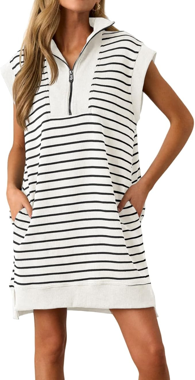 Wenrine Womens Striped Mini Dress Casual Zipper V Neck Cap Sleeve Collared Loose Summer Knit Dres... | Amazon (US)