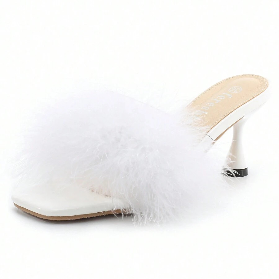 Women's Feather Heels Sandals Fluffy Fur Clear Strap Slip On Square Toe Kitten Mules | SHEIN