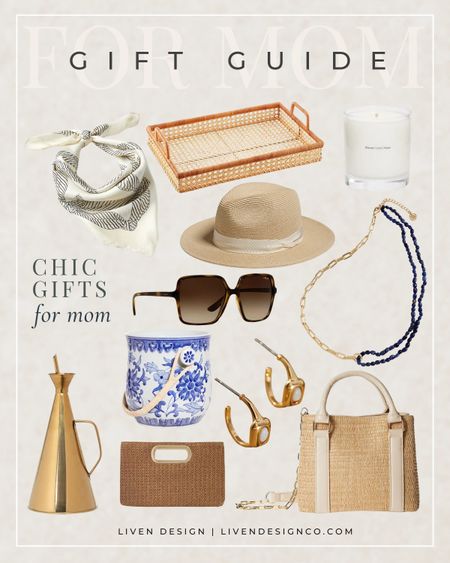 Mother's Day gift guide. Gift for her. Gift for mom. Gift ideas. Woven cane tray. Silk scarf. Necklace. Candle. Blue and white Chinoiserie ceramic ice bucket. Brass oil cruet. Earrings. Straw hat. Straw bag. Clutch. Raffia handbag. Sunglasses. 

#LTKGiftGuide #LTKfindsunder50 #LTKfindsunder100