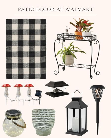 Patio decor at Walmart. Outdoor living. Black and white Buffalo check rug. Solar powered fence post topper light. Black solar lantern. Gray pedestal cement planter. Glass solar mushrooms. Black metal 2 tier plant stand or bar stand. Crackle glass solar powered jar light. Black solar powered walkway light  

#LTKSeasonal #LTKhome #LTKfindsunder50