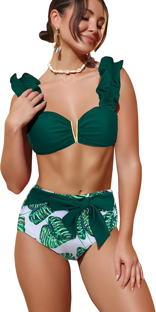 SPORLIKE Women High Waisted Swimsuit Flounce Straps Bikini Bathing Suit | Amazon (US)