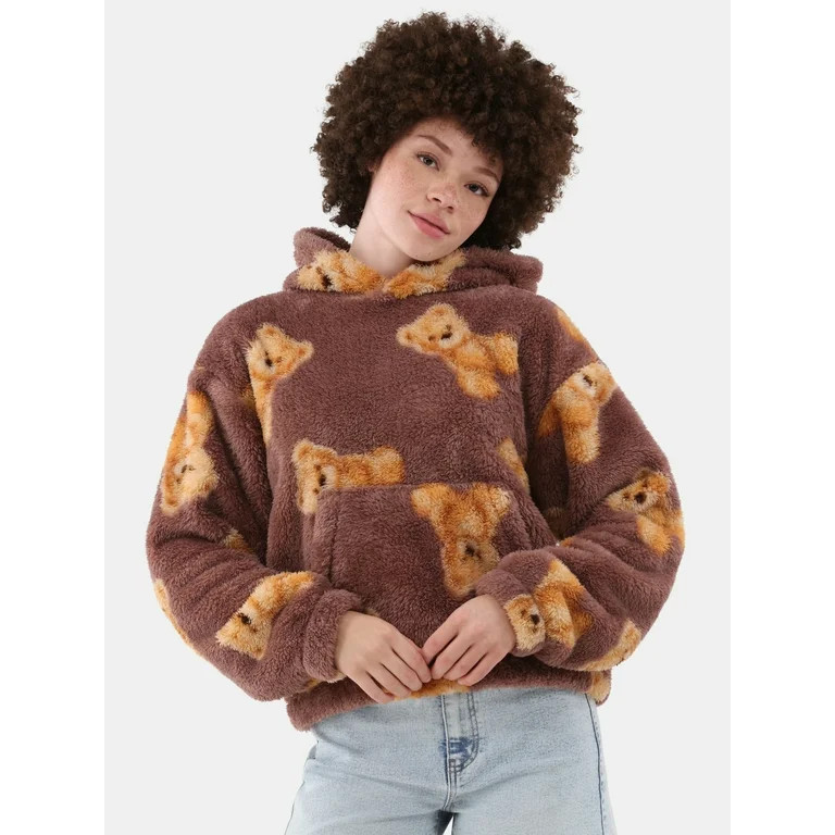 No Boundaries Print Plush Hoodie with Long Sleeves, Women's - Walmart.com | Walmart (US)