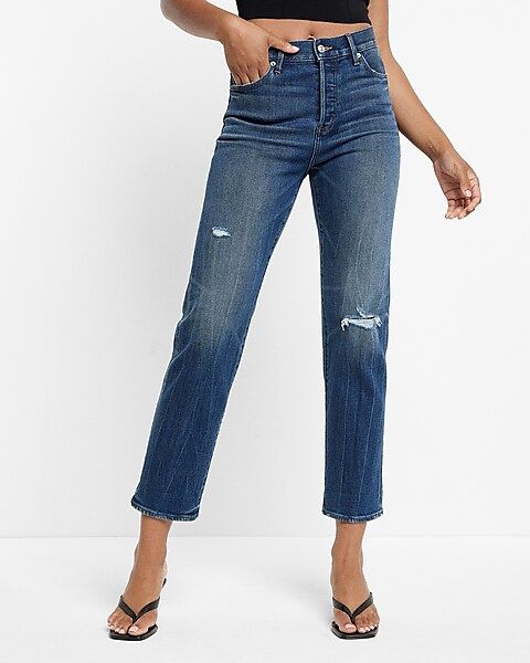 High Waisted Dark Wash Selvedge Straight Ankle Jeans | Express