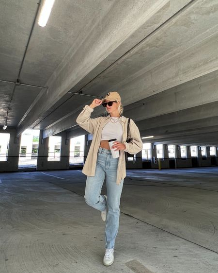 Beige outfit, corduroy jacket, corduroy shirt, beige shirt, baby tee, Abercrombie jeans, Abercrombie style, 90s jeans, light wash denim, straight jeans, white sneakers, all white sneakers, Veja sneakers, Hailey Bieber style Inspo, spring outfits, spring outfit ideas, casual spring style  
