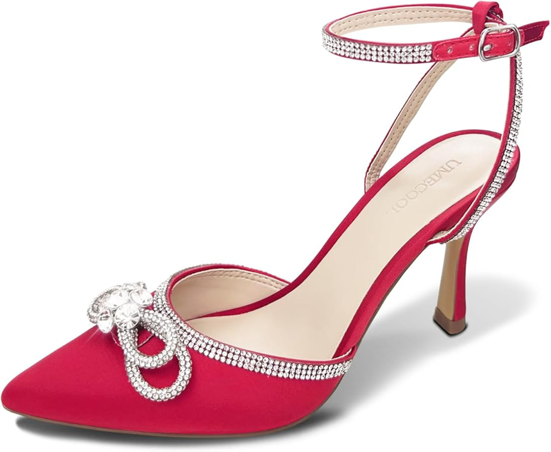 Rhinestone Bow Heels for Women, Slingback Kitten Heels Pumps Stilettos Satin, Closed Pointed Toe ... | Amazon (US)