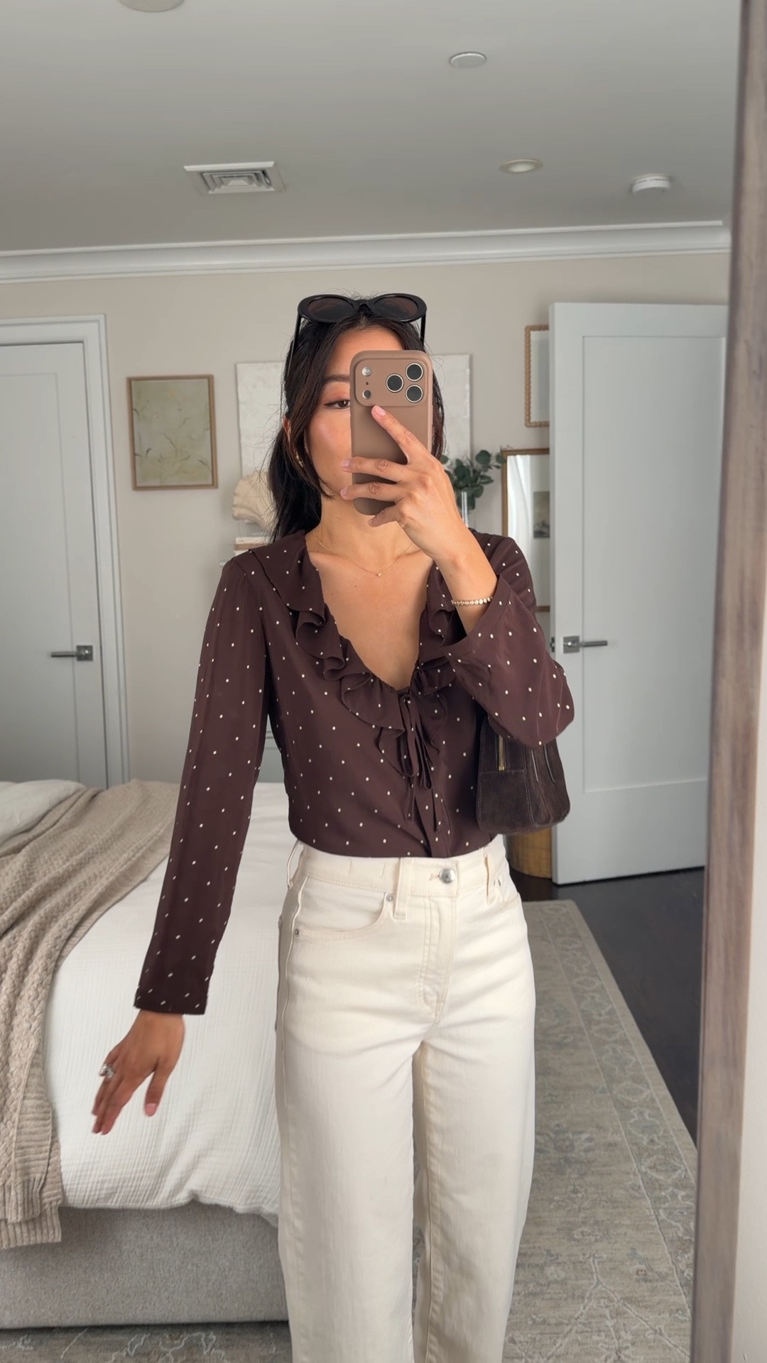 Fall blouses on sale! 
• ruffle button up blouse 00, slender fit 
• Perfect Vintage Wide-Leg Crop Jean 24 short 
• Suede zip shoulder bag 
• Oval sunglasses 
• Sam Edelman kitten heels 5.5 

Fall outfits, petite ecru white jeans, transitional outfit, workwear work outfit

#LTKPetite #LTKWorkwear #LTKSaleAlert