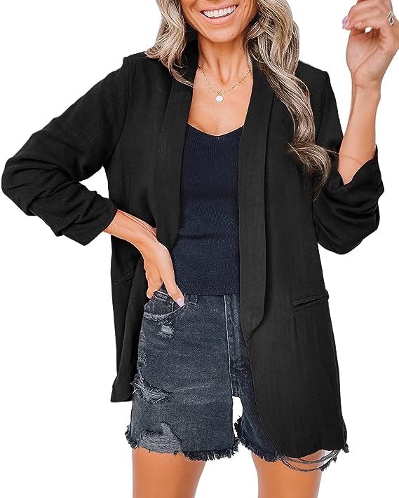 Carryvicty Womens Casual Ruched 3/4 Sleeve Blazer Open Front Lapel Cardigan Jacket Wo... | Amazon (US)