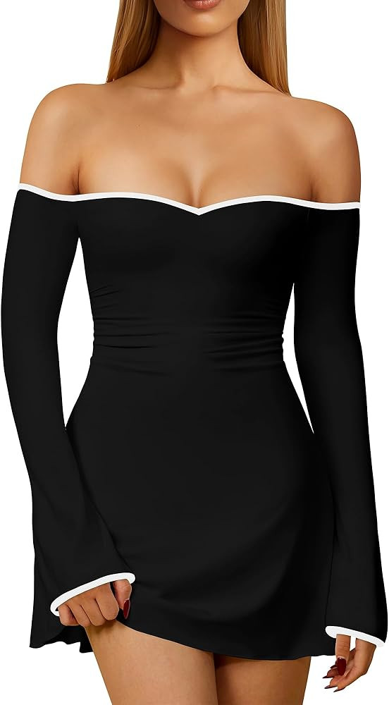 DAAWENXI Women's Sexy Off Shoulder Mini Dress Fall Long Sleeve Ruched Bodycon Party Going Out Sho... | Amazon (US)