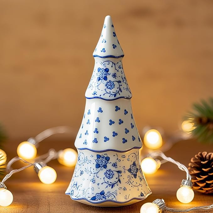 Cynkeyee Decorative Ceramic Christmas Tree Statue - Blue and White Chinoiserie Pattern Cone Shape... | Amazon (US)