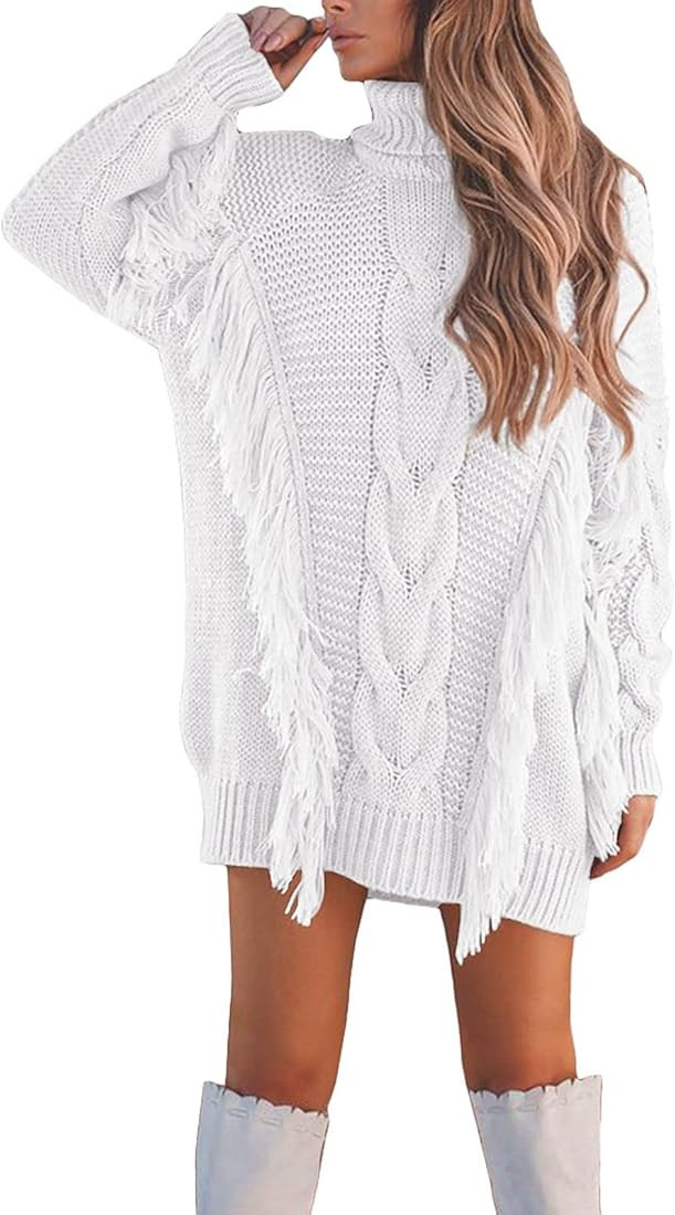 BLENCOT Womens Turtleneck Pullover Dress Ribbed Cable Knit Texture Long Sweater Dresses Jumper S-... | Amazon (US)