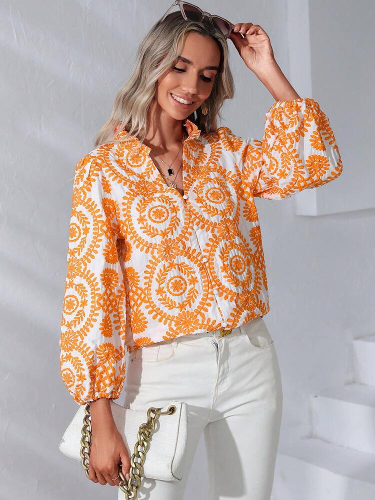 SHEIN Clasi Allover Print Notched Neckline Lantern Sleeve Blouse | SHEIN