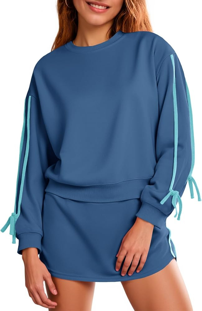 Fisoew Womens 2 Piece Outfits Casual Crewneck Tie Sweatshirt High Waisted Running Skort Skirts Wo... | Amazon (US)