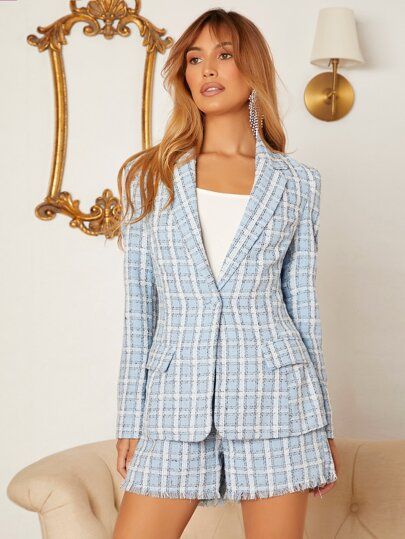 SHEIN Single Button Plaid Tweed Blazer & Raw Hem Shorts Suit Set | SHEIN