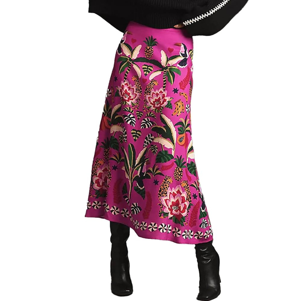 Women's Boho Rose Red Midi Skirt Fun Tropical Plant Print Flowy A Line Summer Skirt | Amazon (US)