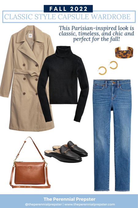 Classic style fall outfit idea / Parisian chic / Parisian style / trench coat / black turtleneck / horse but leather loafers / classic style timeless style / preppy style / capsule wardrobe fall / mom style 

#LTKworkwear #LTKstyletip #LTKSeasonal