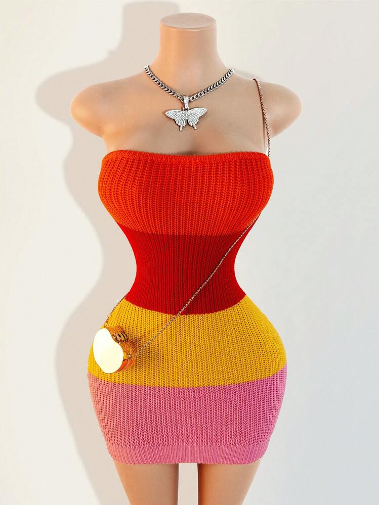 BamGleam Women's Vacation Bandeau Figure-Hugging Color-Block Knit Dress | SHEIN