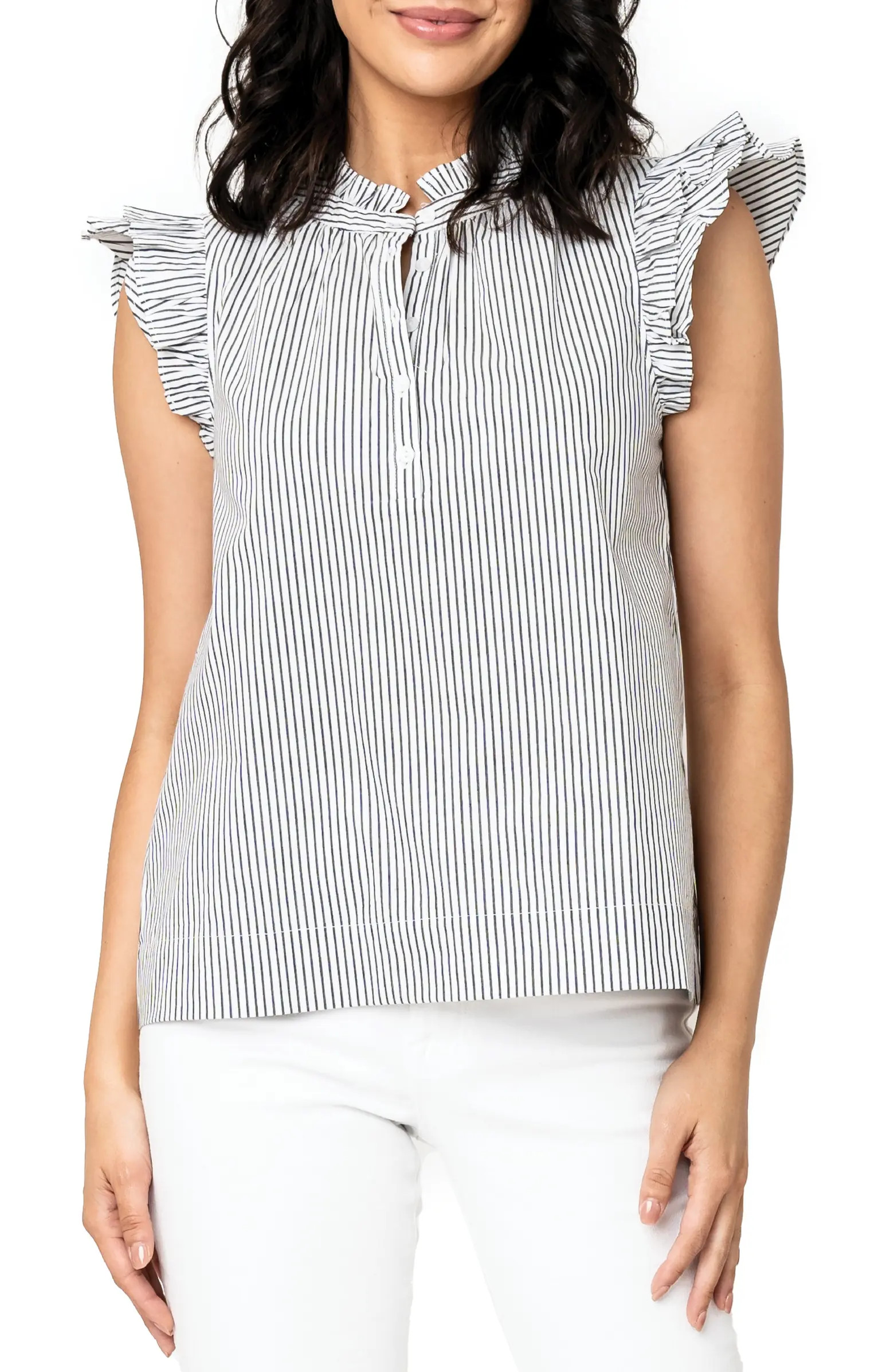 Pinstripe Double Flutter Sleeve Stretch Cotton Top | Nordstrom