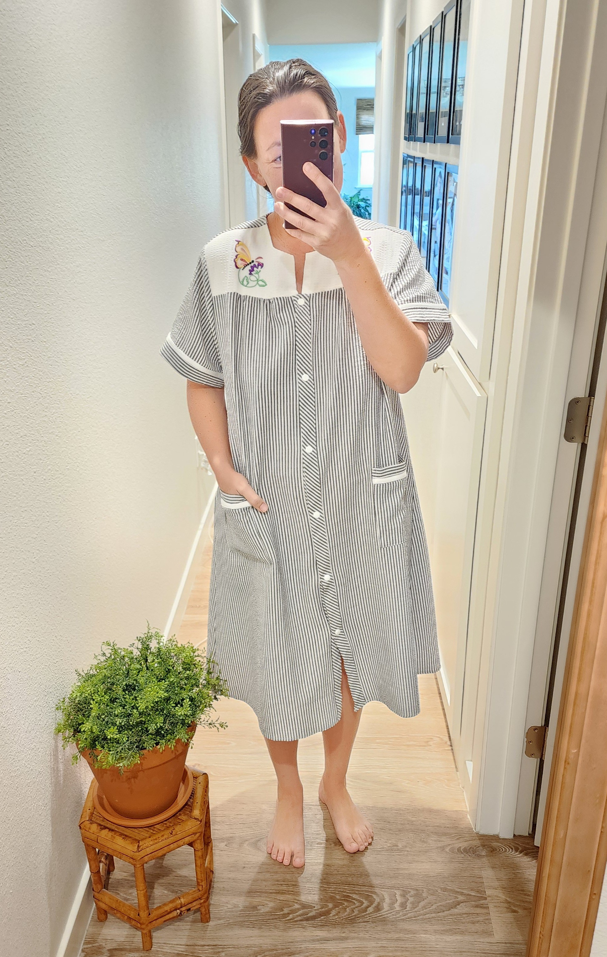 In my granny robe era! 👩🏼‍🦳 / #amazon finds fashion duster robe nightgown house dress modest pajama pajamas pj's women's seer sucker gingham check summer spring 

