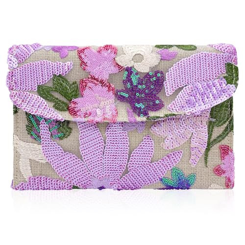 Embroidered Sequin Wedding Clutch Purse for Women - Beaded Floral Envelope Evening Bag |Slim Party Handbag| Wedding, Prom (Purple) | Amazon (US)