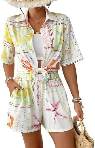 Bsubseach 2 Piece Short Sets for Women Tropical Printed Short Sleeve Button Down Shirt and Shorts... | Amazon (US)
