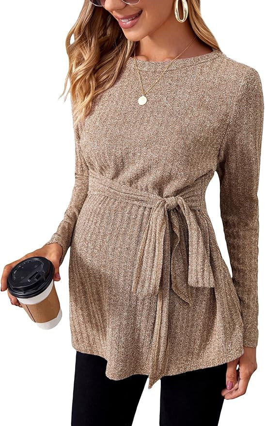 MakeMeChic Women's Maternity Shirts Casual Long Sleeve Tie Front Ribbed Knit Pregnancy Tee Top | Amazon (US)