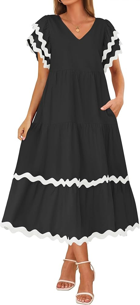 ZESICA Womens 2026 Summer Casual Midi Dresses V Neck Flutter Short Sleeve Ruffle Tiered A Line Fl... | Amazon (US)