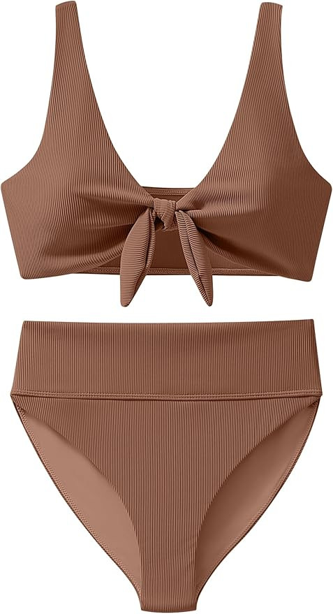 ANRABESS Bikini Sets for Women Summer High Waisted 2 Piece Bathing Suit Ribbed Tie Knot Swimsuit ... | Amazon (US)