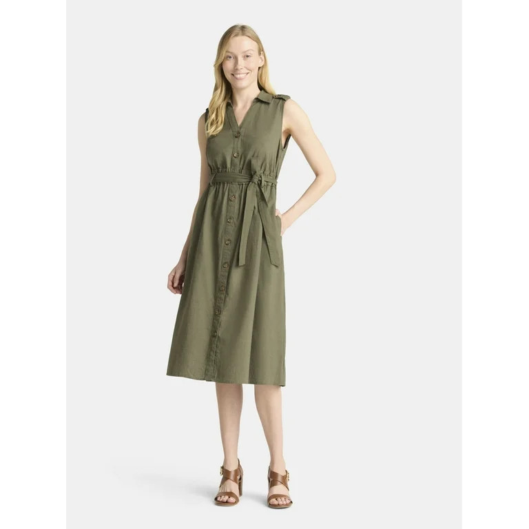 Time and Tru Women's Sleeveless Cotton Belted Midi Shirtdress, Sizes XS-XXXL | Walmart (US)