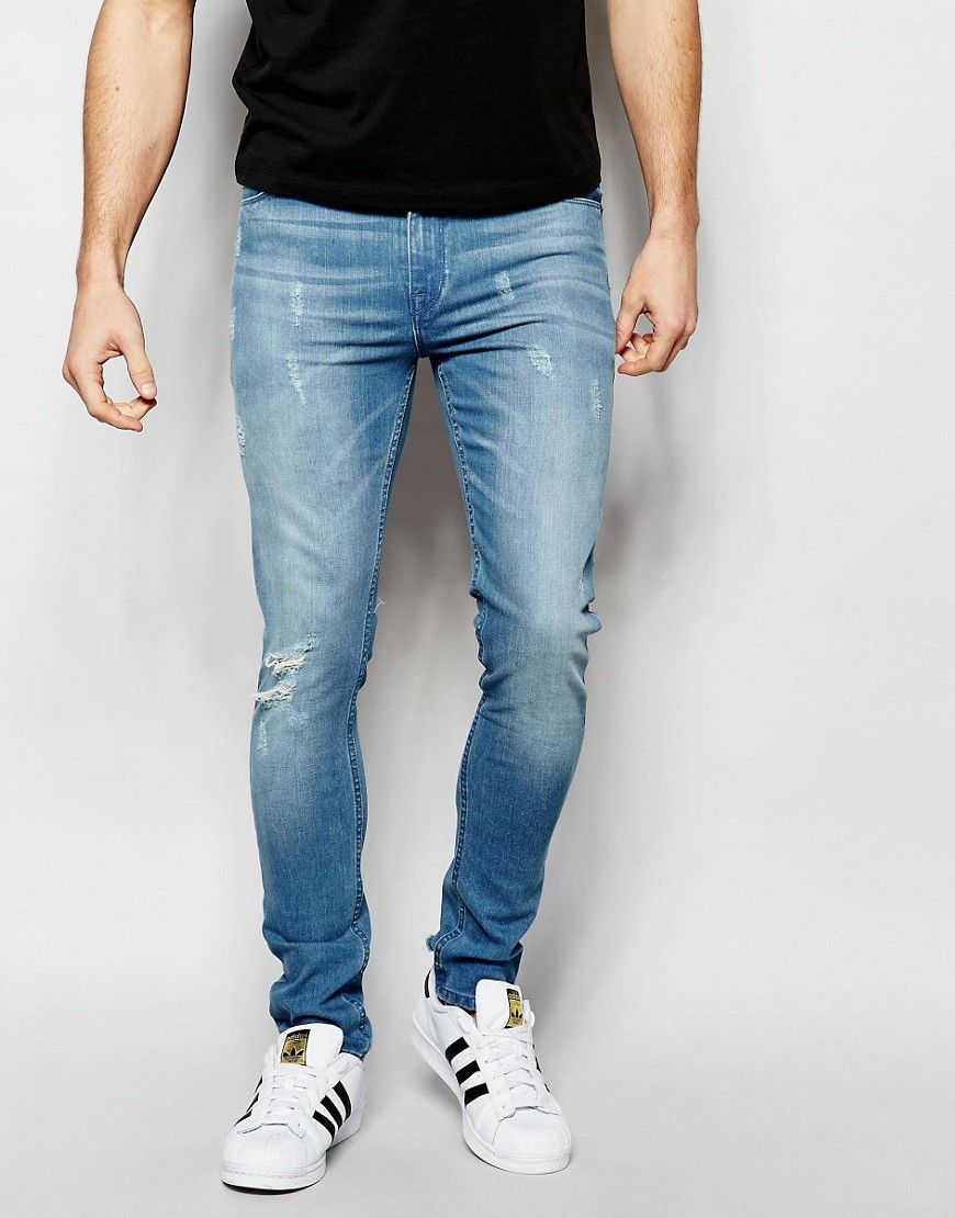ASOS Super Skinny Jeans With Abrasions - Blue | ASOS US