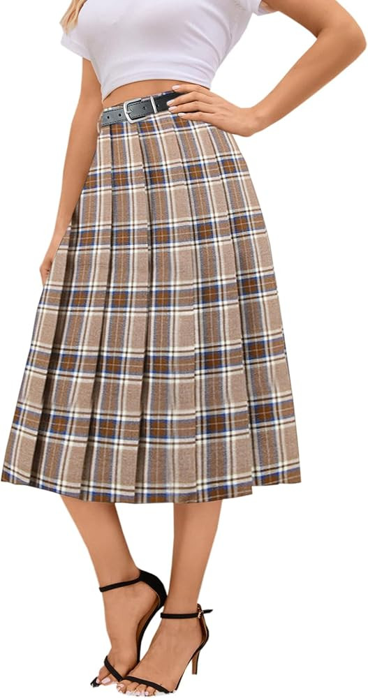 Cromoncent Girls Womens High Waist Pleated Long Skirt with Pockets | Amazon (US)