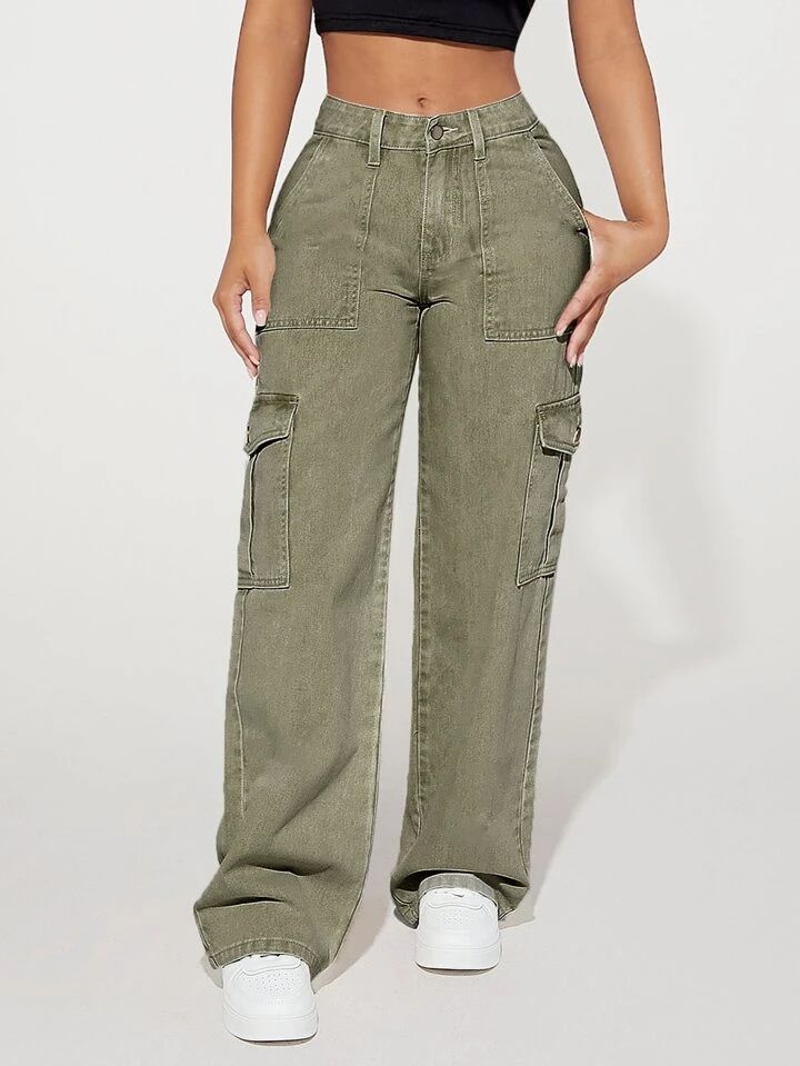 SHEIN PETITE Flap Pocket Side Cargo Jeans | SHEIN