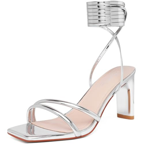 Mostrin Silver Heels Womens Sandals Strappy Heels for Women Lace Up Heels Square Open Toe Heels Tie Up High Heeled Sandals for Prom, Party, Daily Wear Size 11.5 | Amazon (US)