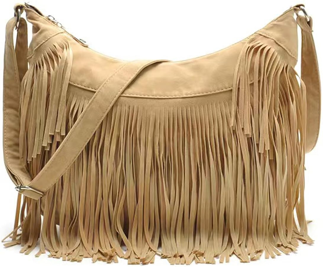 Women Fashion Fringe Purse Crossbody Bags Vegan Suede Hippie Tassel Hobo Shoulder Bag Vintage Han... | Amazon (US)