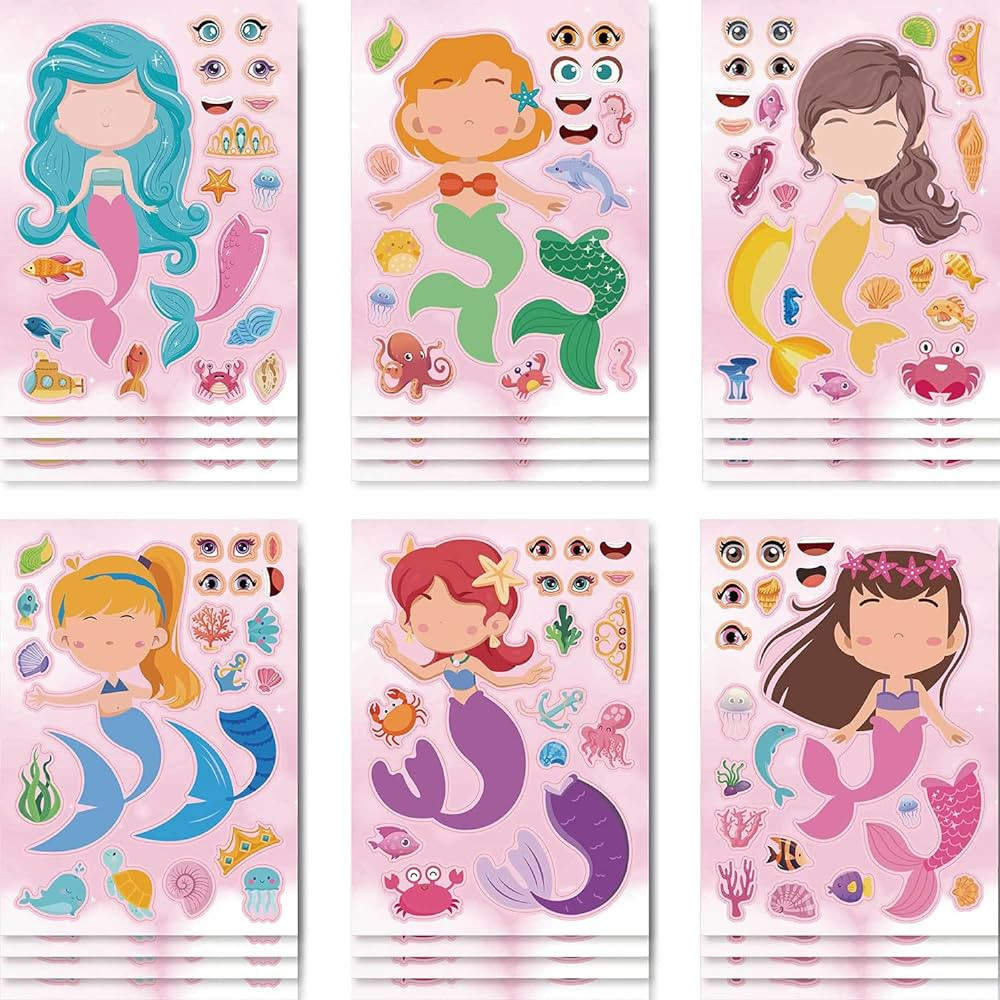 24 Sheets Make Your Own Mermaid Princess Stickers Make A Face Stickers for Kids Toddlers with Mer... | Amazon (US)