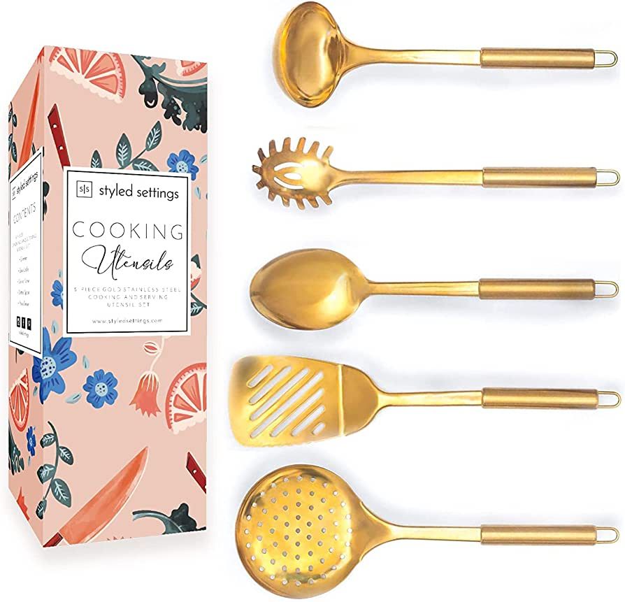 Brass/Gold Cooking Utensils Set for Modern Cooking and Serving - 5 PC Dishwasher Safe Stainless S... | Amazon (US)