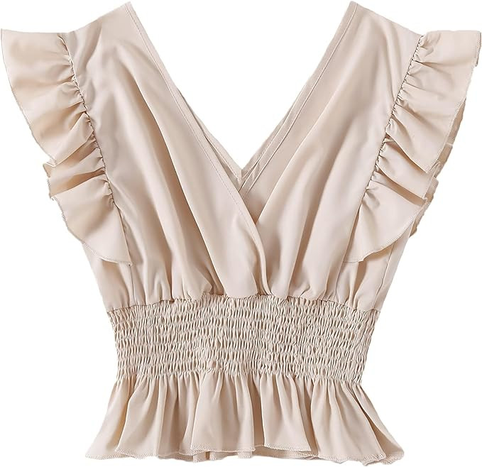LYANER Women's V Neck Ruffle Cap Sleeve Shirred Blouse Sexy Crop Tank Top | Amazon (US)