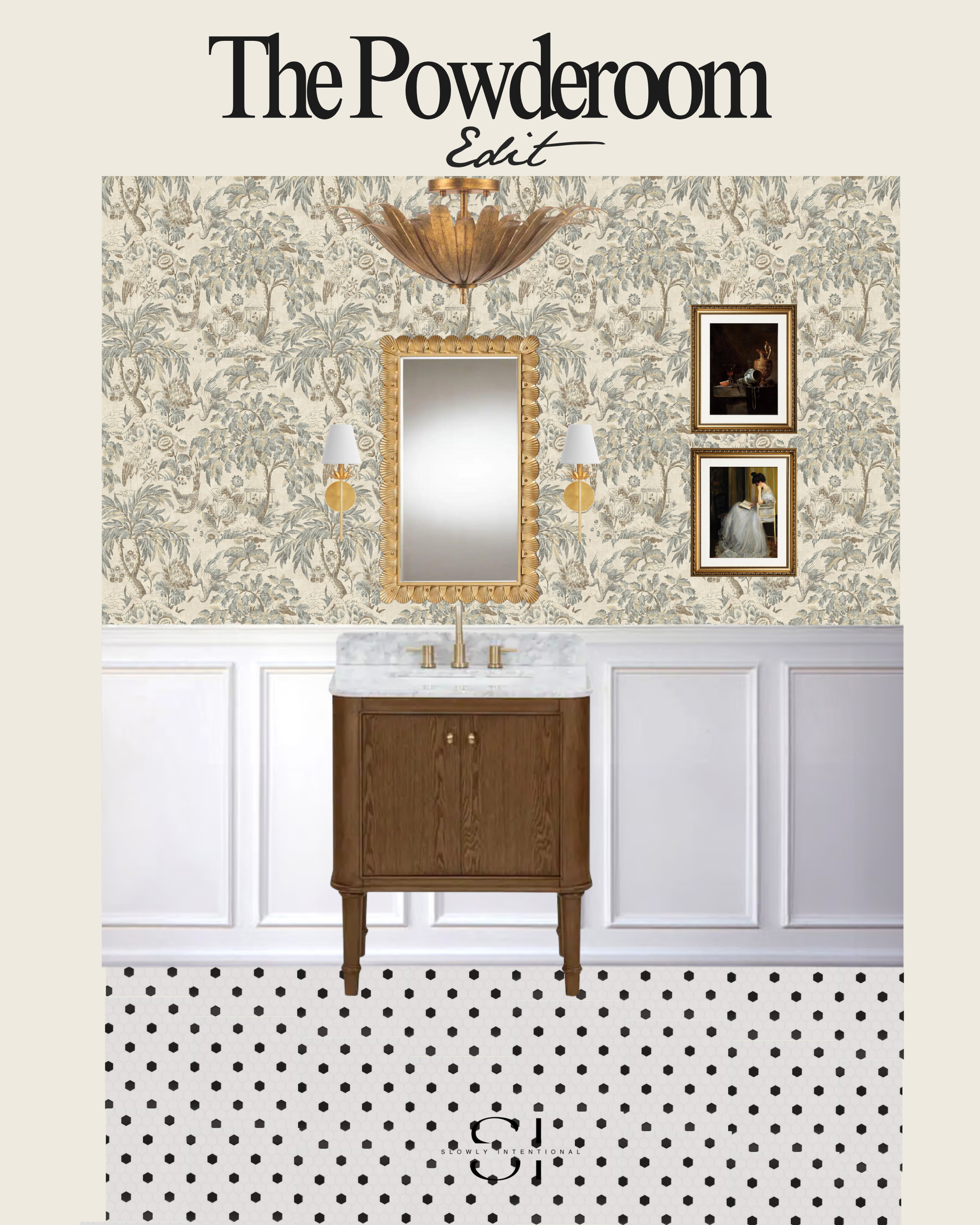 A powder room with vintage flare. wood and marble vanity, gold textured mirror, wall sconces, pendant lighting, vintage artwork, vintage floral wallpaper. 

 