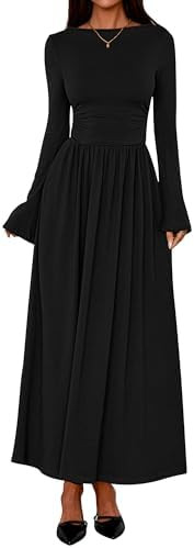 BTFBM Long Sleeve Maxi Dresses for Women 2025 Fall Casual Ruched Boat Neck Flowy Elegant Formal W... | Amazon (US)