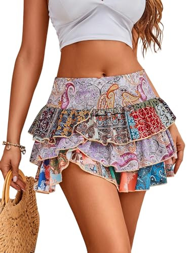 WDIRARA Women's Paisley Print Tiered Layers Mini Cake Skirt Low Rise Vacation Bohemian Skirt Multicolour Boho Small | Amazon (US)
