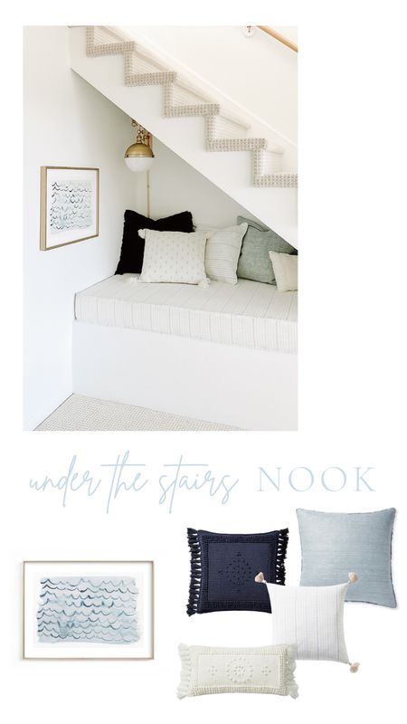 Under stairs, nook, reading nook, cozy space, blue and white, pillow, gold frame, framed art, waves art, pillows, pillow covers, sconce, bench seating, small spaces, nautical decor, lake house, beach house, coastal aesthetic

#LTKstyletip #LTKFind #LTKhome