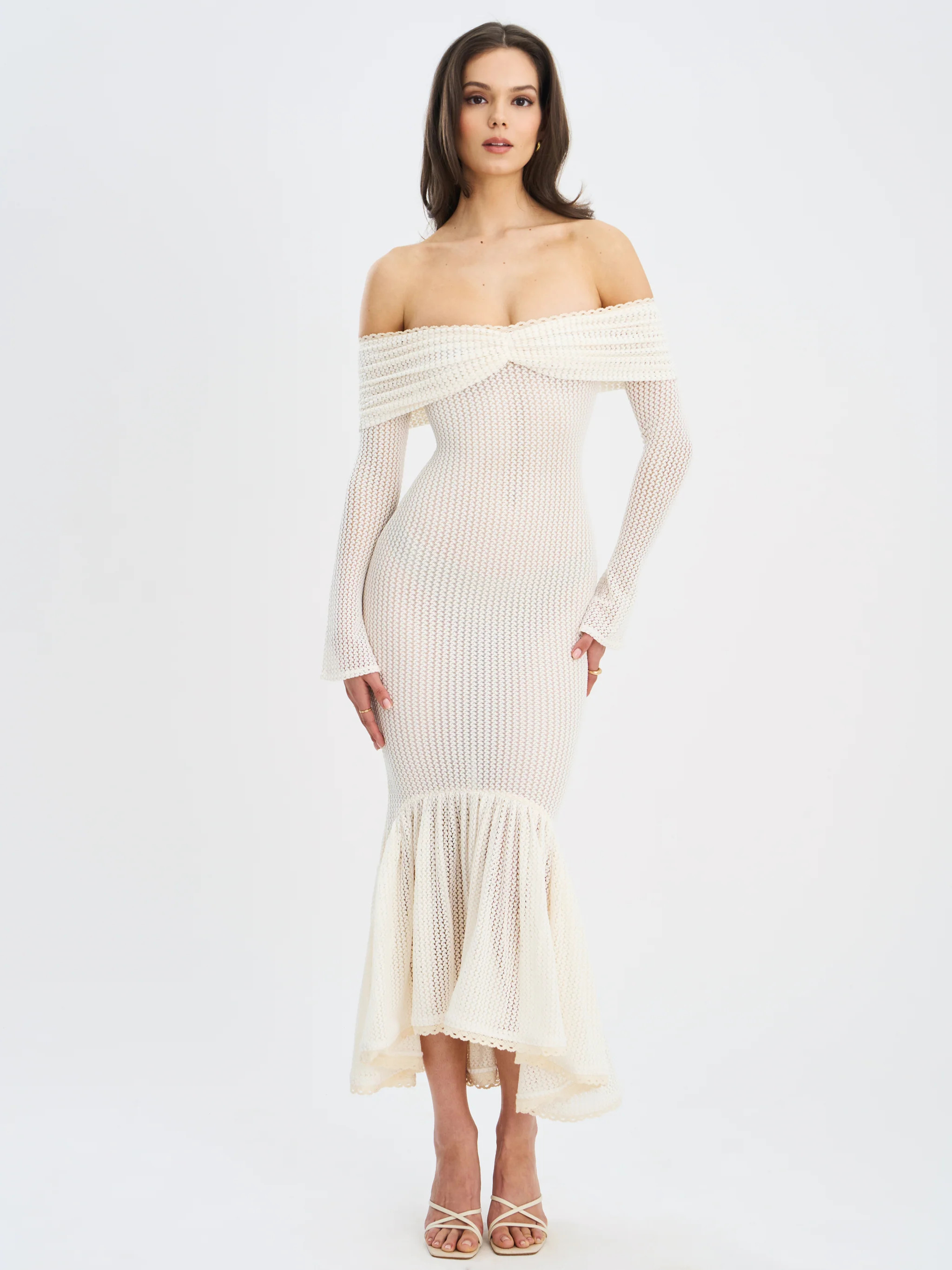 Kaedyn Off Shoulder Long Sleeve Crochet Mermaid Maxi Dress | Miss Circle