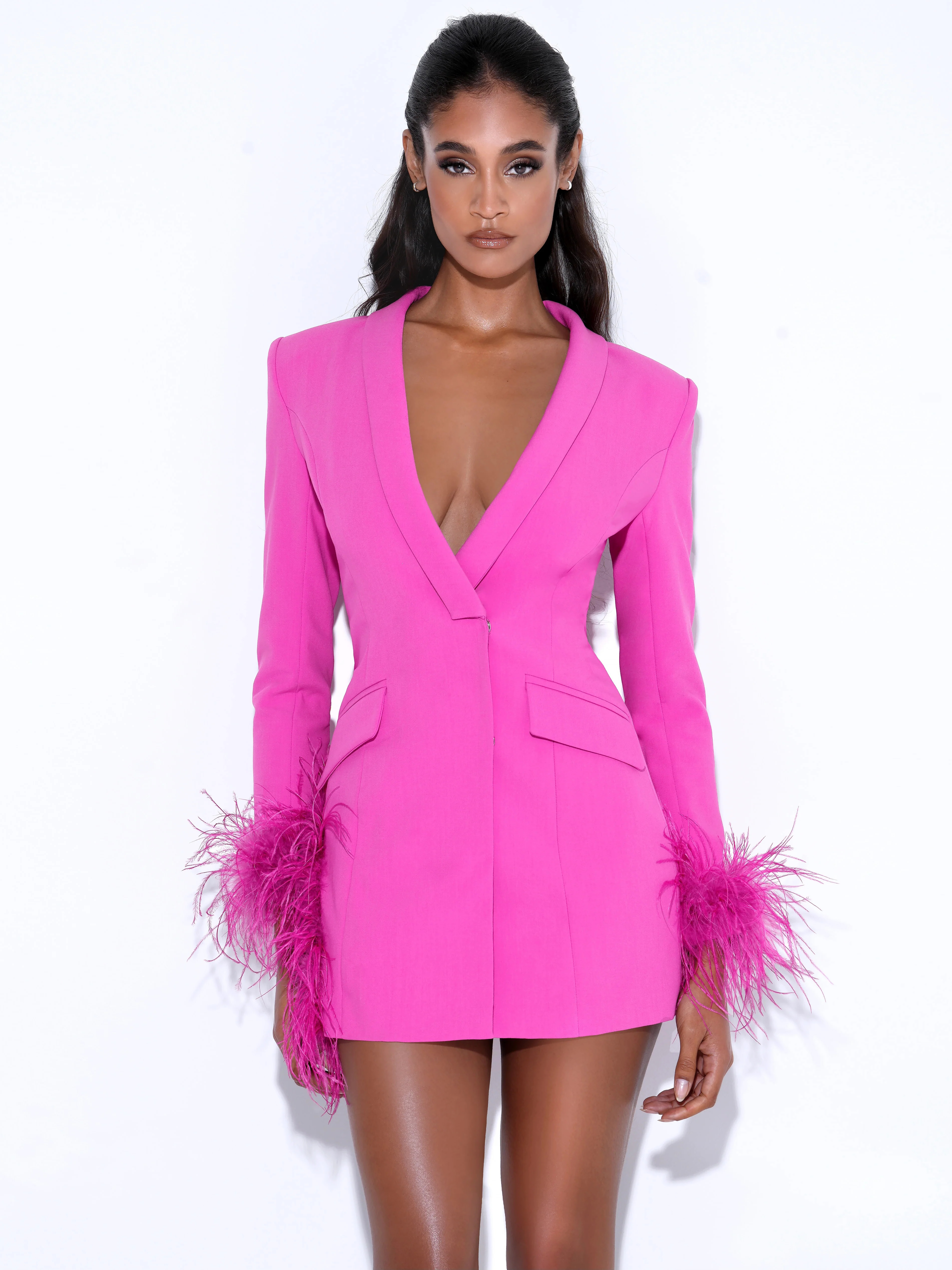 Madeline Fuchsia Feather Trim Blazer Dress | Miss Circle